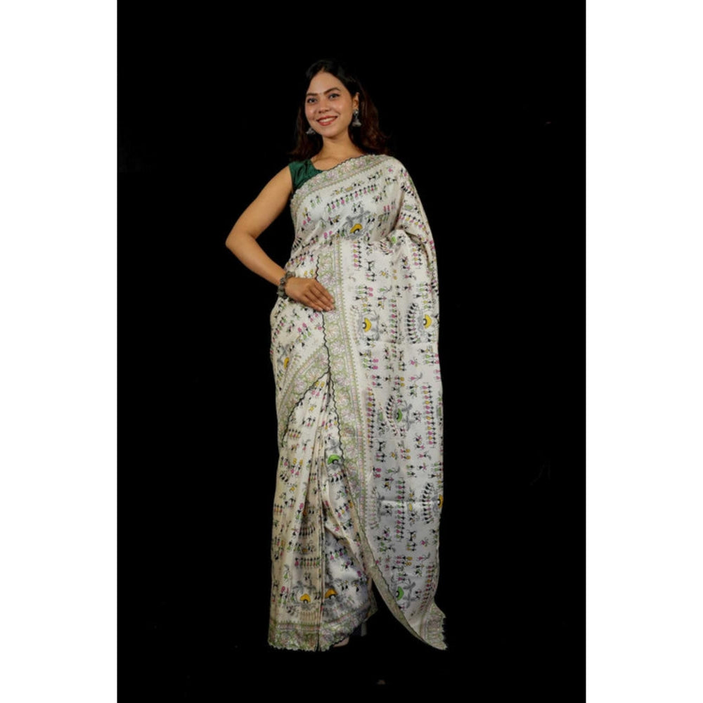 Isadora Life Womens Printed White Pre-Draped Saree With Unstitched Blouse