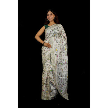 Isadora Life Womens Printed White Pre-Draped Saree With Unstitched Blouse