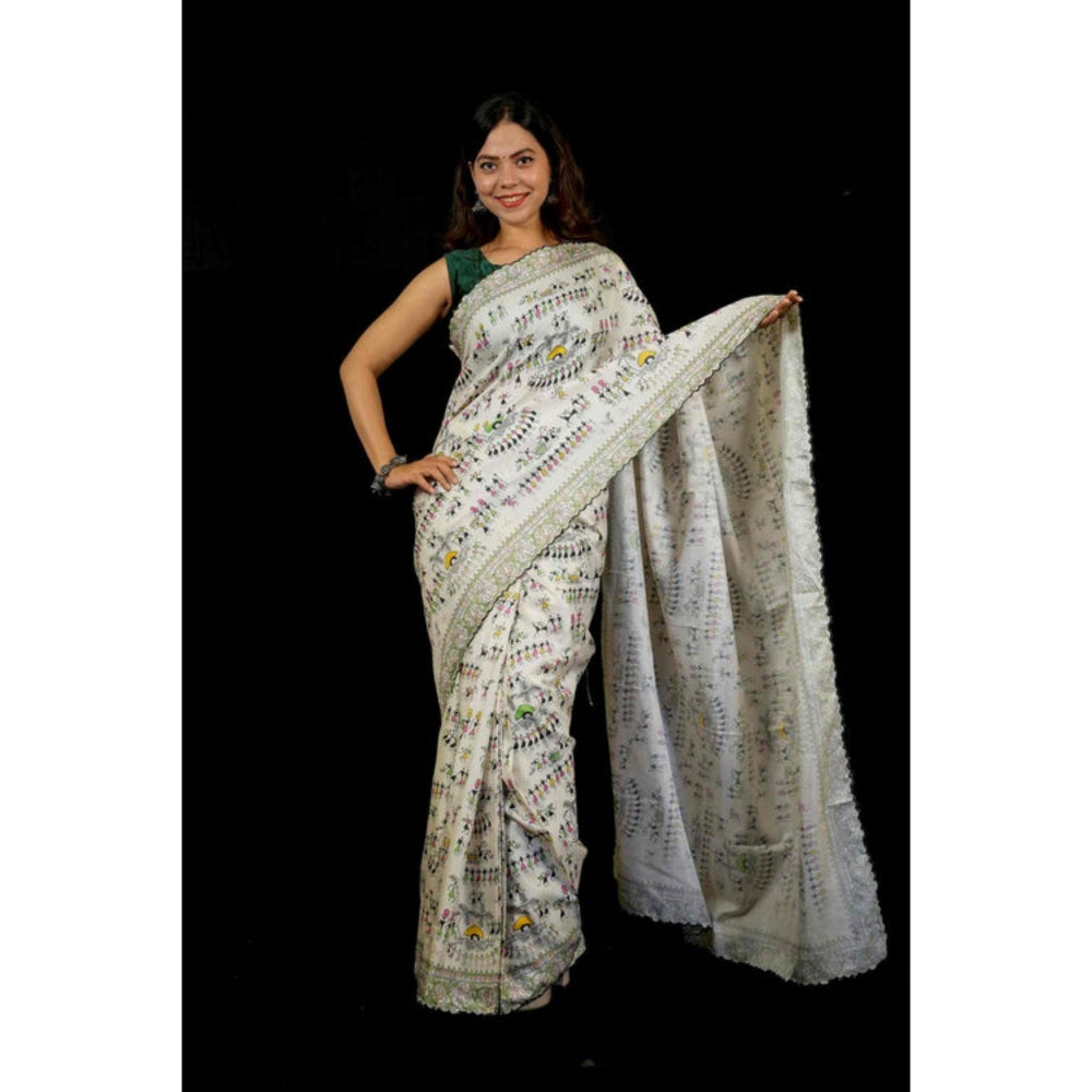 Isadora Life Womens Printed White Pre-Draped Saree With Unstitched Blouse