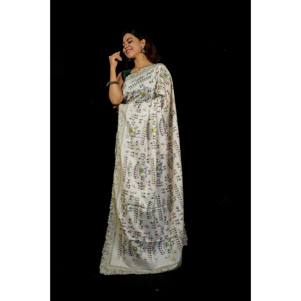 Isadora Life Womens Printed White Pre-Draped Saree With Unstitched Blouse