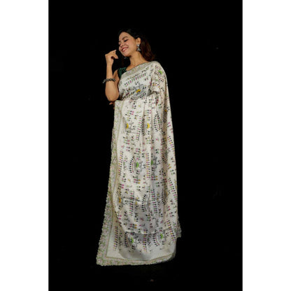 Isadora Life Womens Printed White Pre-Draped Saree With Unstitched Blouse
