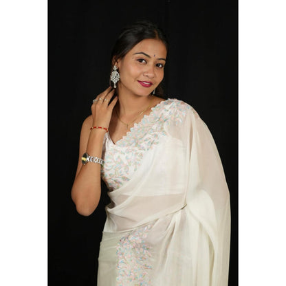 Isadora Life Womens Embroidered Thread Work White Pre-Draped Saree With Unstitched Blouse