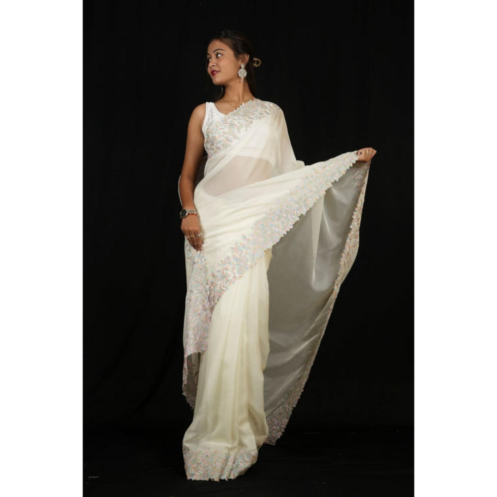 Isadora Life Womens Embroidered Thread Work White Pre-Draped Saree With Unstitched Blouse