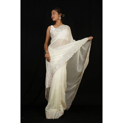 Isadora Life Womens Embroidered Thread Work White Pre-Draped Saree With Unstitched Blouse