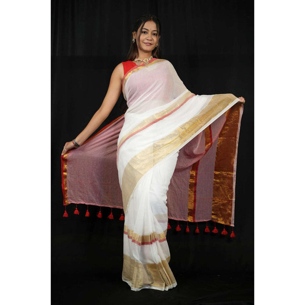 Isadora Life Womens Woven Tassels White Pre-Draped Saree With Unstitched Blouse