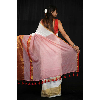 Isadora Life Womens Woven Tassels White Pre-Draped Saree With Unstitched Blouse