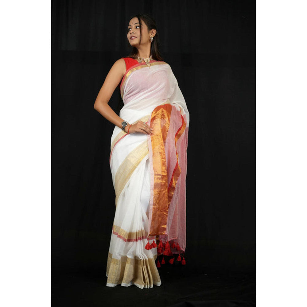 Isadora Life Womens Woven Tassels White Pre-Draped Saree With Unstitched Blouse