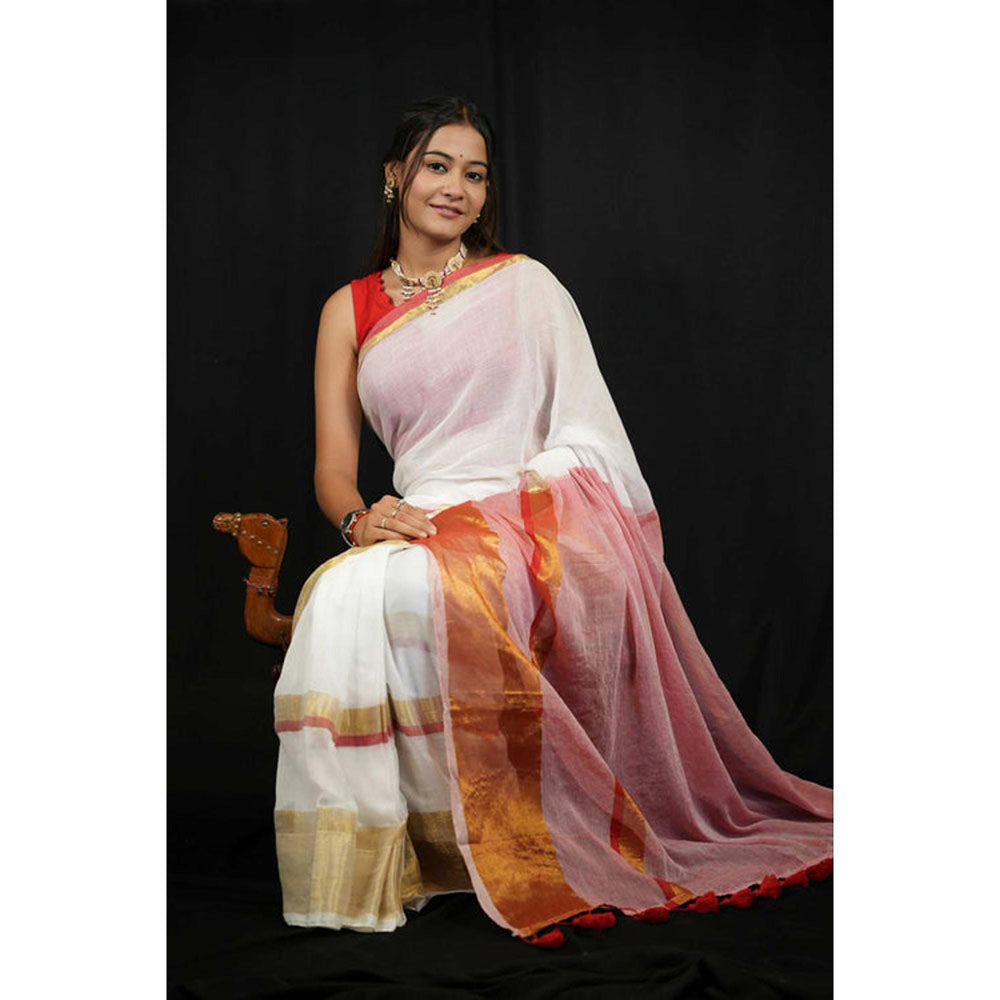 Isadora Life Womens Woven Tassels White Pre-Draped Saree With Unstitched Blouse