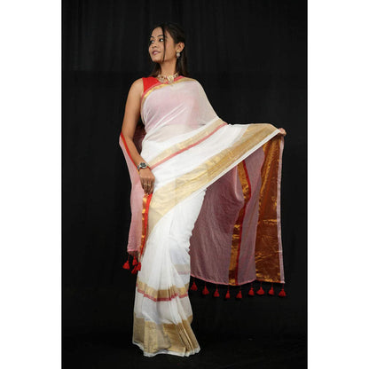 Isadora Life Womens Woven Tassels White Pre-Draped Saree With Unstitched Blouse