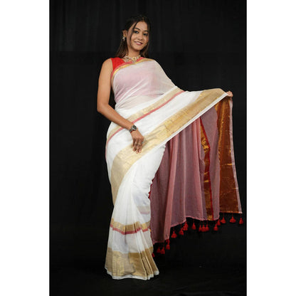 Isadora Life Womens Woven Tassels White Pre-Draped Saree With Unstitched Blouse