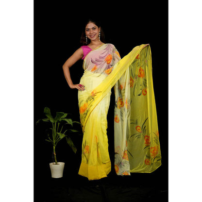 Isadora Life Womens Floral Printed Yellow Pre-Draped Saree With Unstitched Blouse