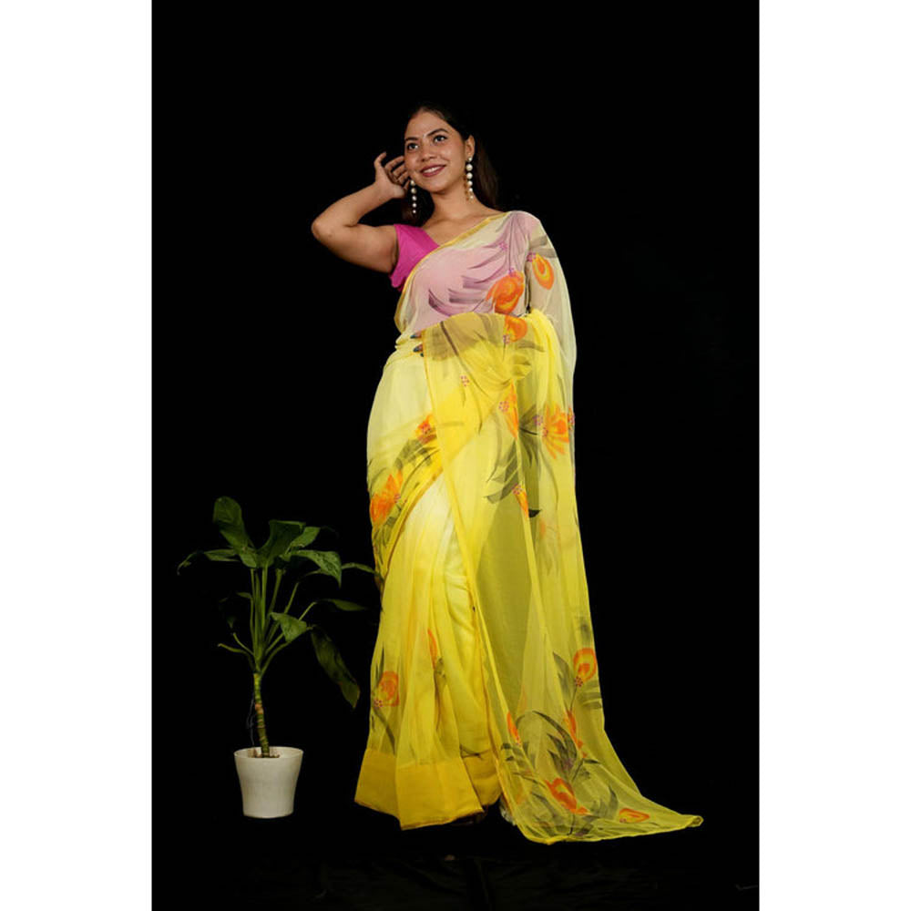Isadora Life Womens Floral Printed Yellow Pre-Draped Saree With Unstitched Blouse