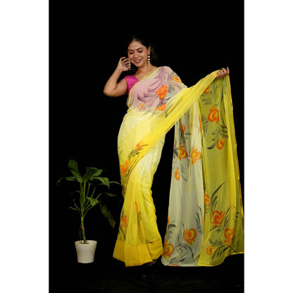 Isadora Life Womens Floral Printed Yellow Pre-Draped Saree With Unstitched Blouse
