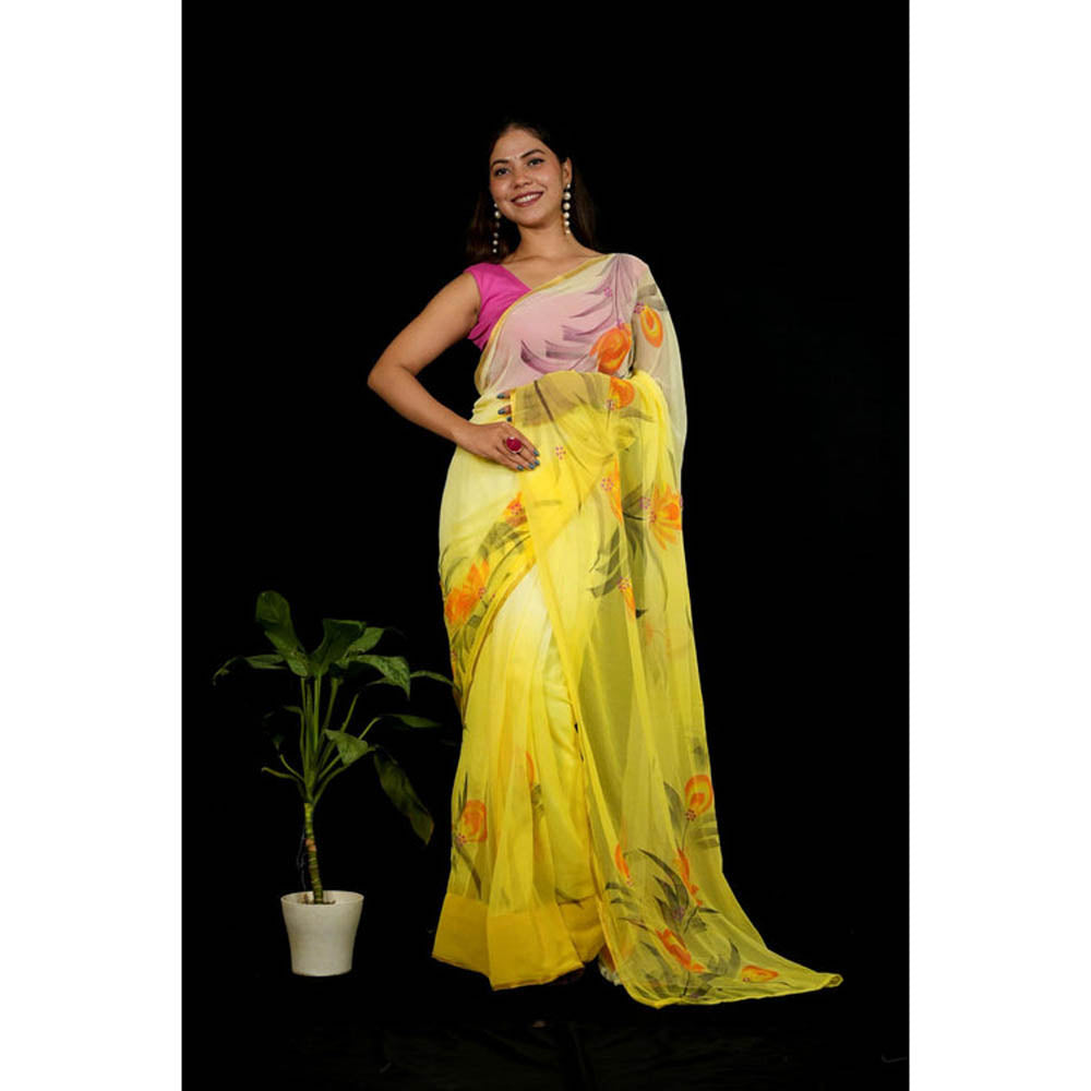 Isadora Life Womens Floral Printed Yellow Pre-Draped Saree With Unstitched Blouse