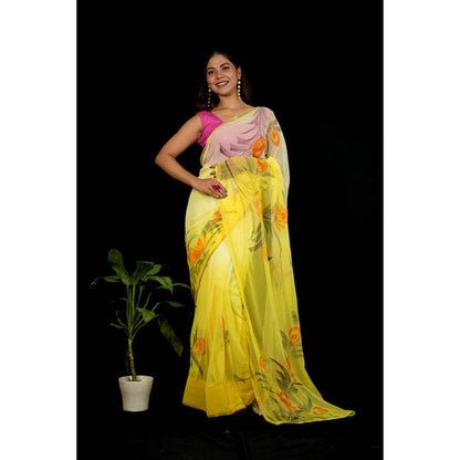 Isadora Life Womens Floral Printed Yellow Pre-Draped Saree With Unstitched Blouse
