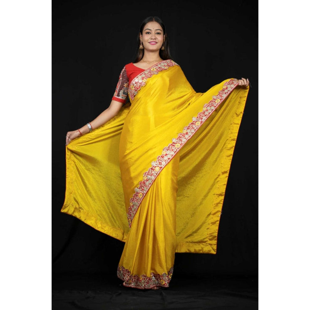 Isadora Life Womens Solid Embroidered Yellow Pre-Draped Saree With Unstitched Blouse