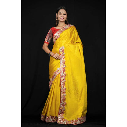 Isadora Life Womens Solid Embroidered Yellow Pre-Draped Saree With Unstitched Blouse