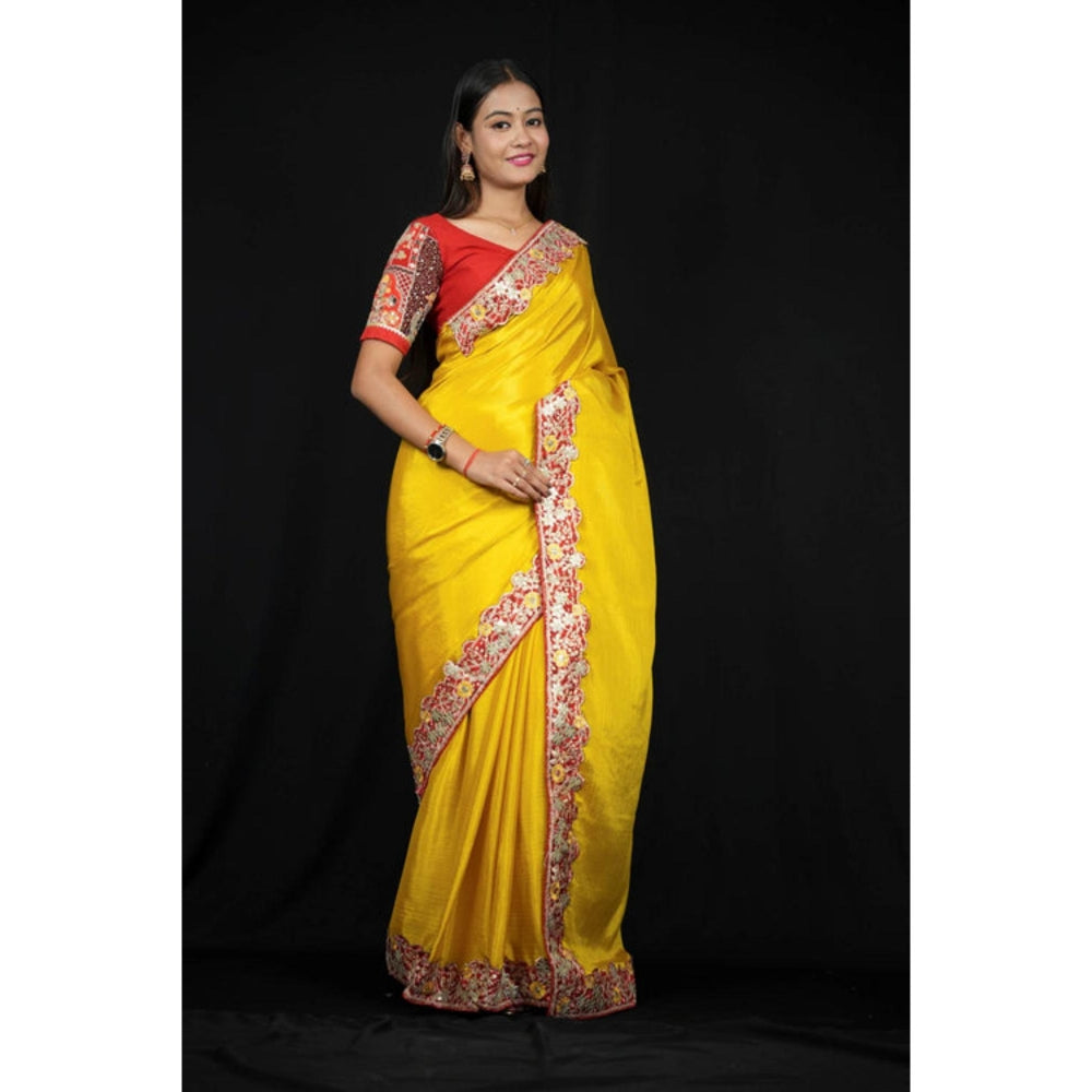 Isadora Life Womens Solid Embroidered Yellow Pre-Draped Saree With Unstitched Blouse