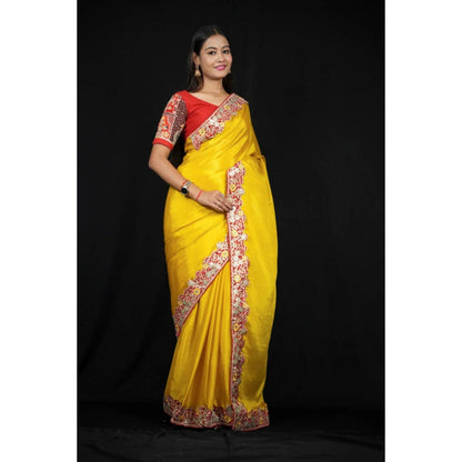 Isadora Life Womens Solid Embroidered Yellow Pre-Draped Saree With Unstitched Blouse