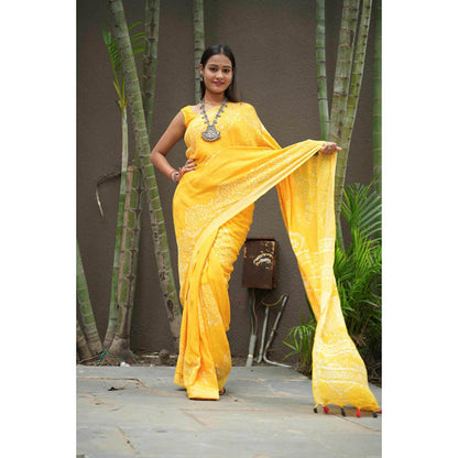 Isadora Life Womens Printed Tassels Yellow Pre-Draped Saree With Unstitched Blouse