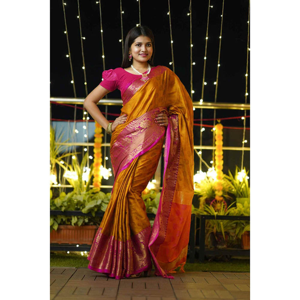 Isadora Life Womens Woven Tassels Mustard Pre-Draped Saree With Unstitched Blouse