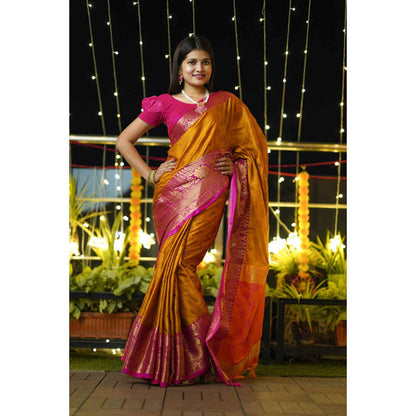 Isadora Life Womens Woven Tassels Mustard Pre-Draped Saree With Unstitched Blouse