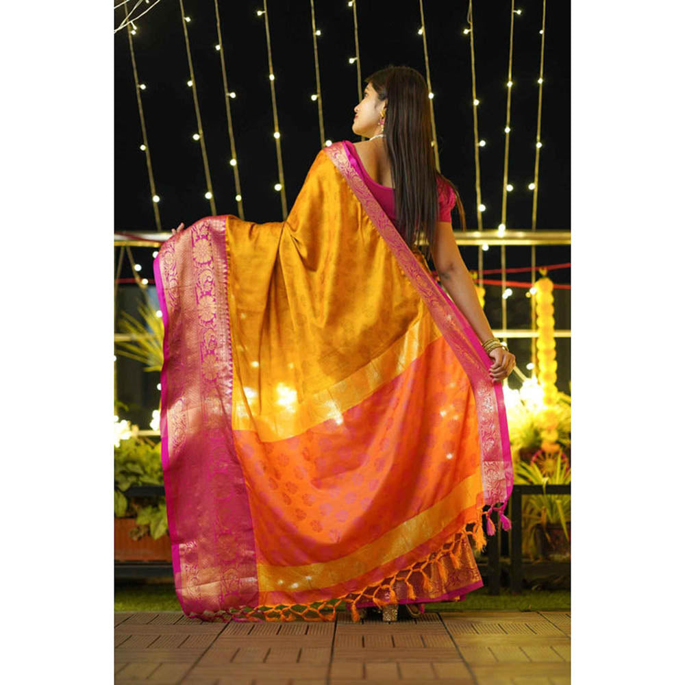 Isadora Life Womens Woven Tassels Mustard Pre-Draped Saree With Unstitched Blouse