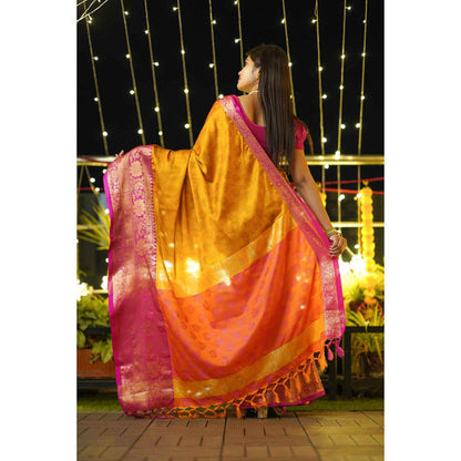 Isadora Life Womens Woven Tassels Mustard Pre-Draped Saree With Unstitched Blouse