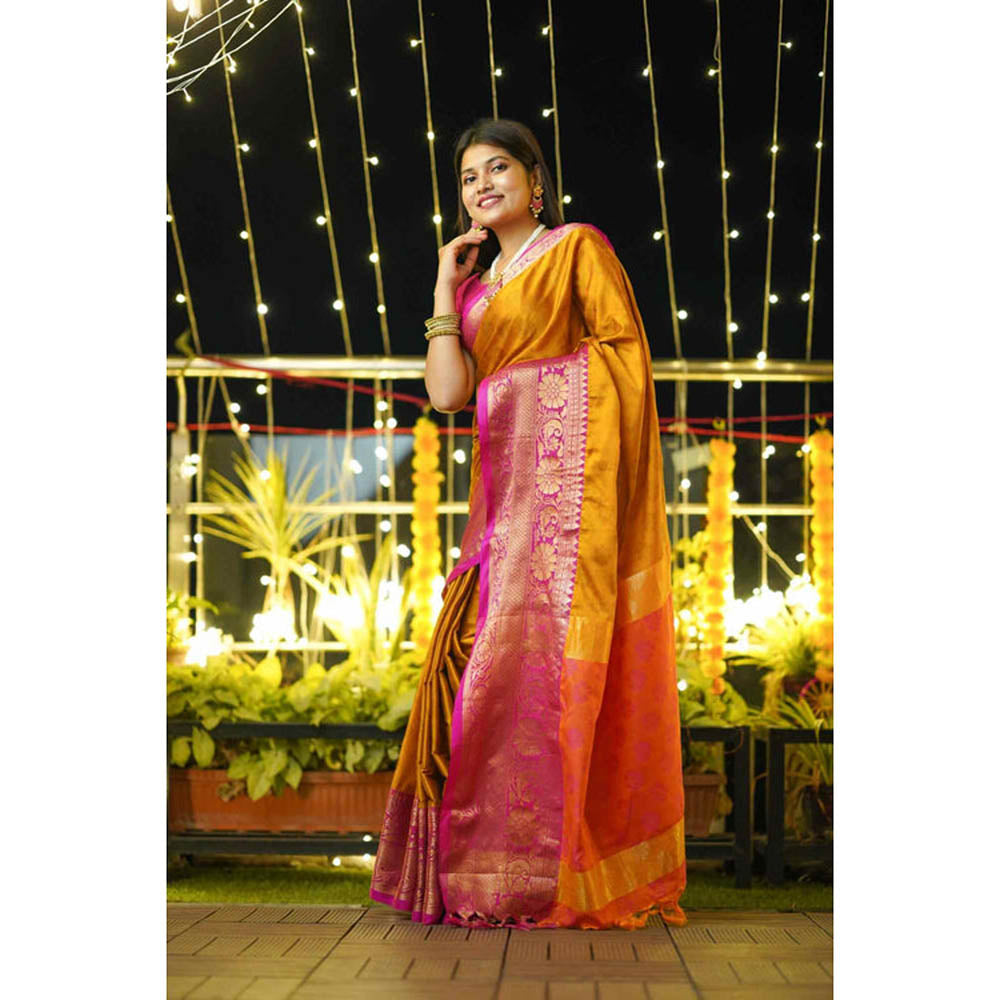 Isadora Life Womens Woven Tassels Mustard Pre-Draped Saree With Unstitched Blouse