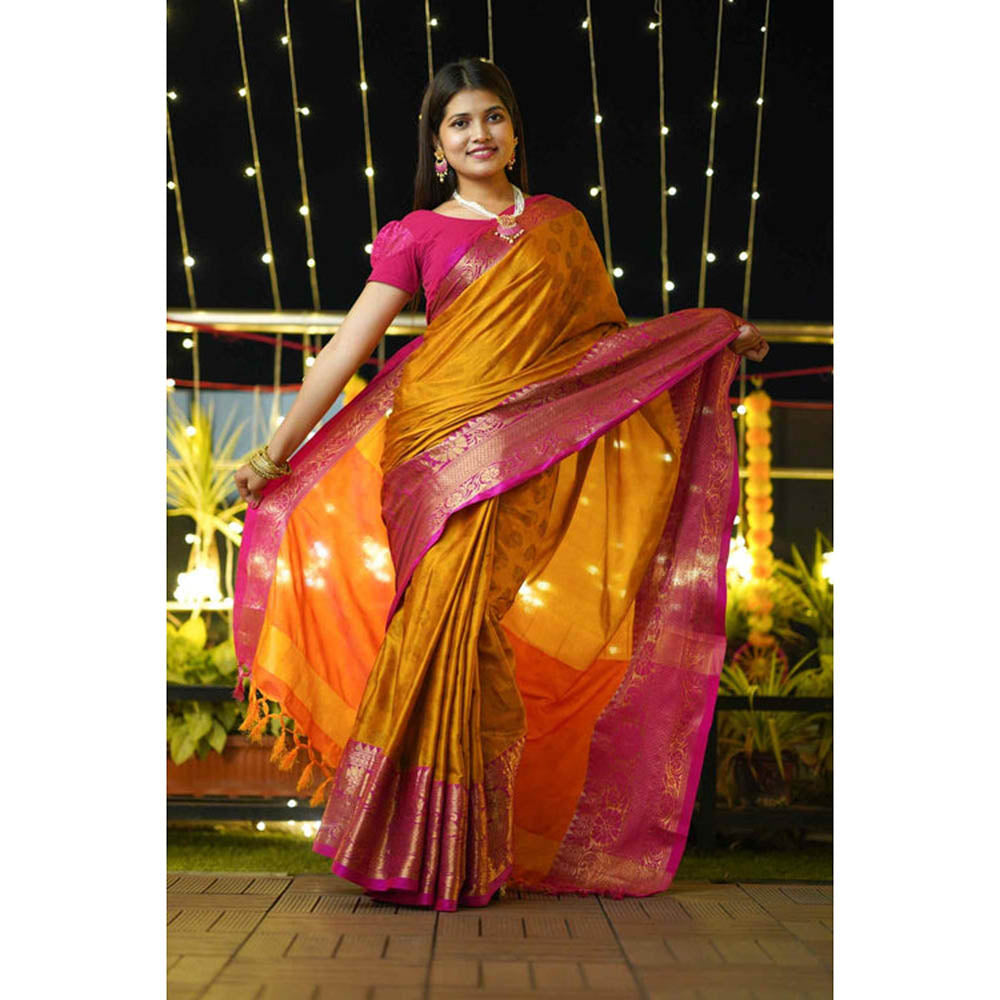 Isadora Life Womens Woven Tassels Mustard Pre-Draped Saree With Unstitched Blouse