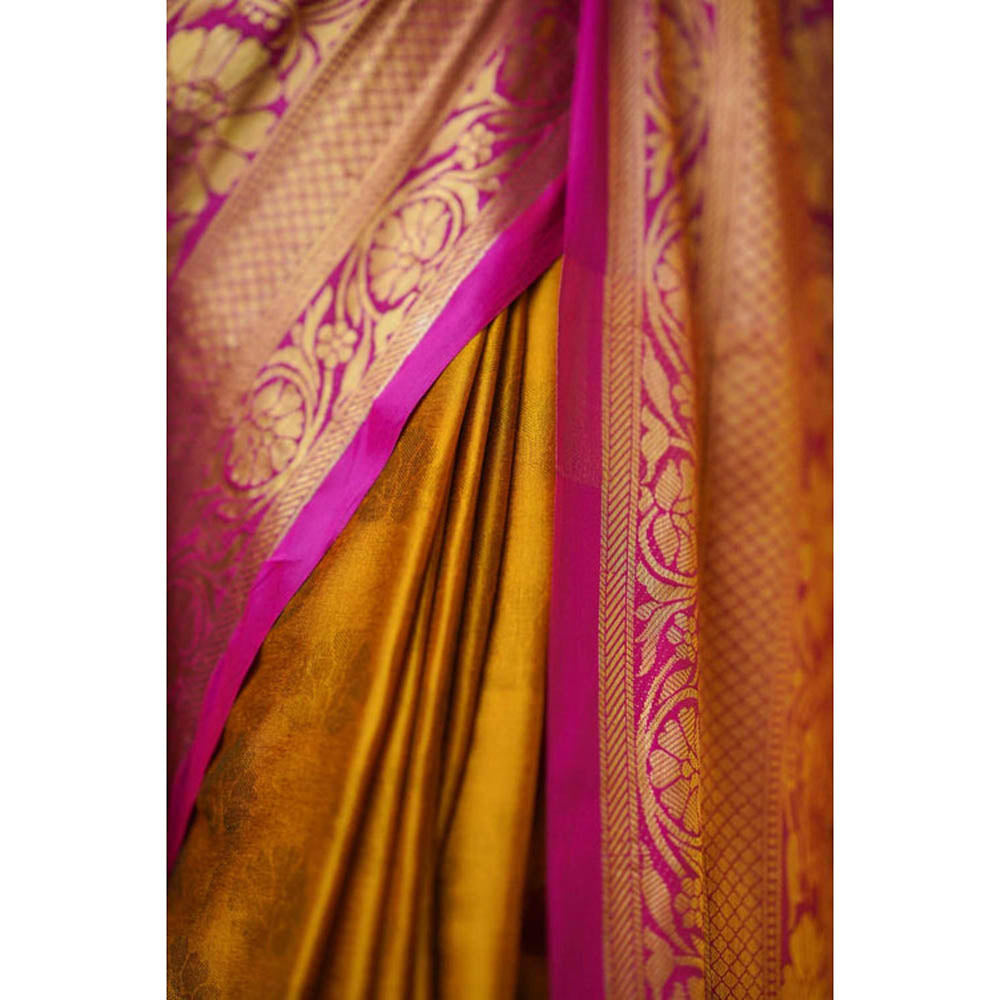 Isadora Life Womens Woven Tassels Mustard Pre-Draped Saree With Unstitched Blouse
