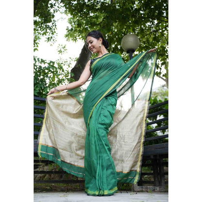 Isadora Life Womens Woven Tassels Green Pre-Draped Saree With Unstitched Blouse