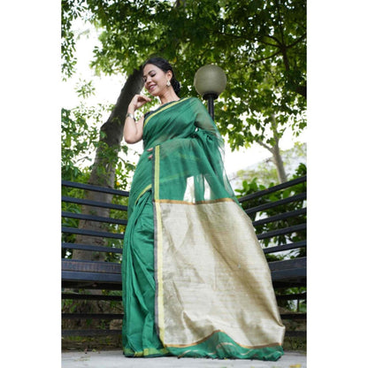 Isadora Life Womens Woven Tassels Green Pre-Draped Saree With Unstitched Blouse