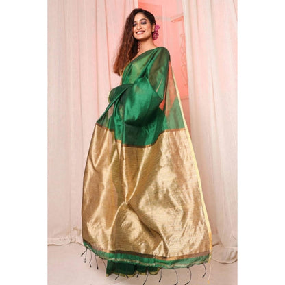 Isadora Life Womens Woven Tassels Green Pre-Draped Saree With Unstitched Blouse