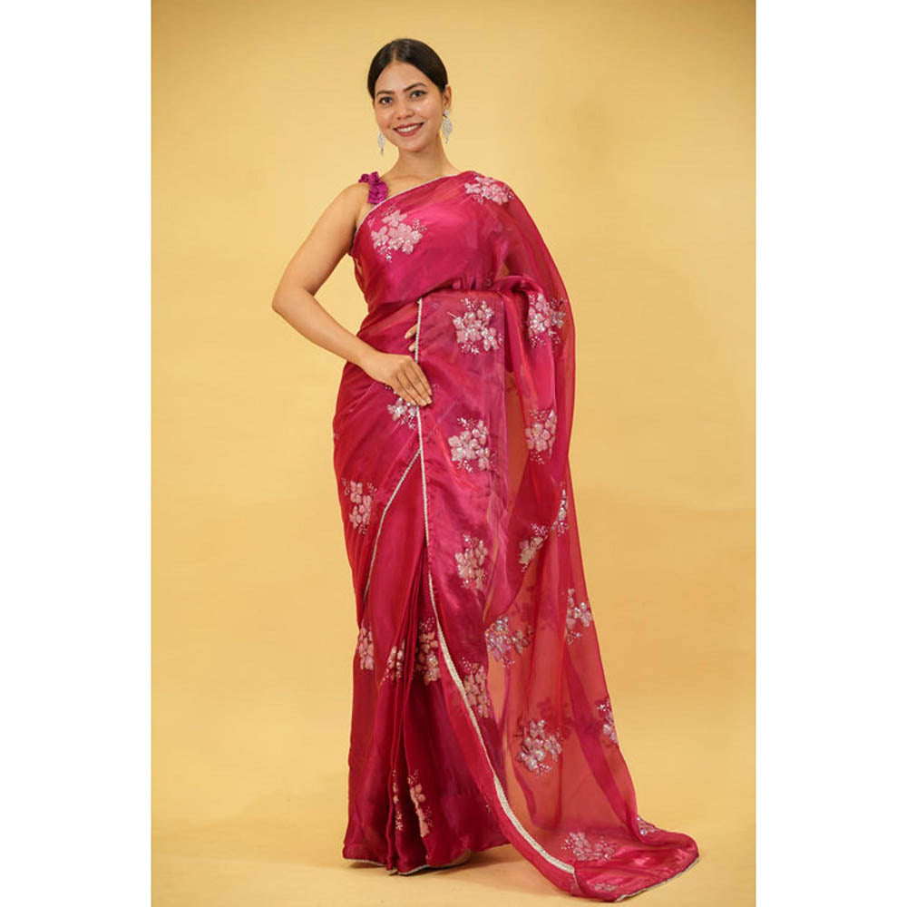 Isadora Life Womens Embroidered Sequined Pink Pre-Draped Saree With Unstitched Blouse