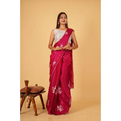 Isadora Life Womens Embroidered Sequined Pink Pre-Draped Saree With Unstitched Blouse
