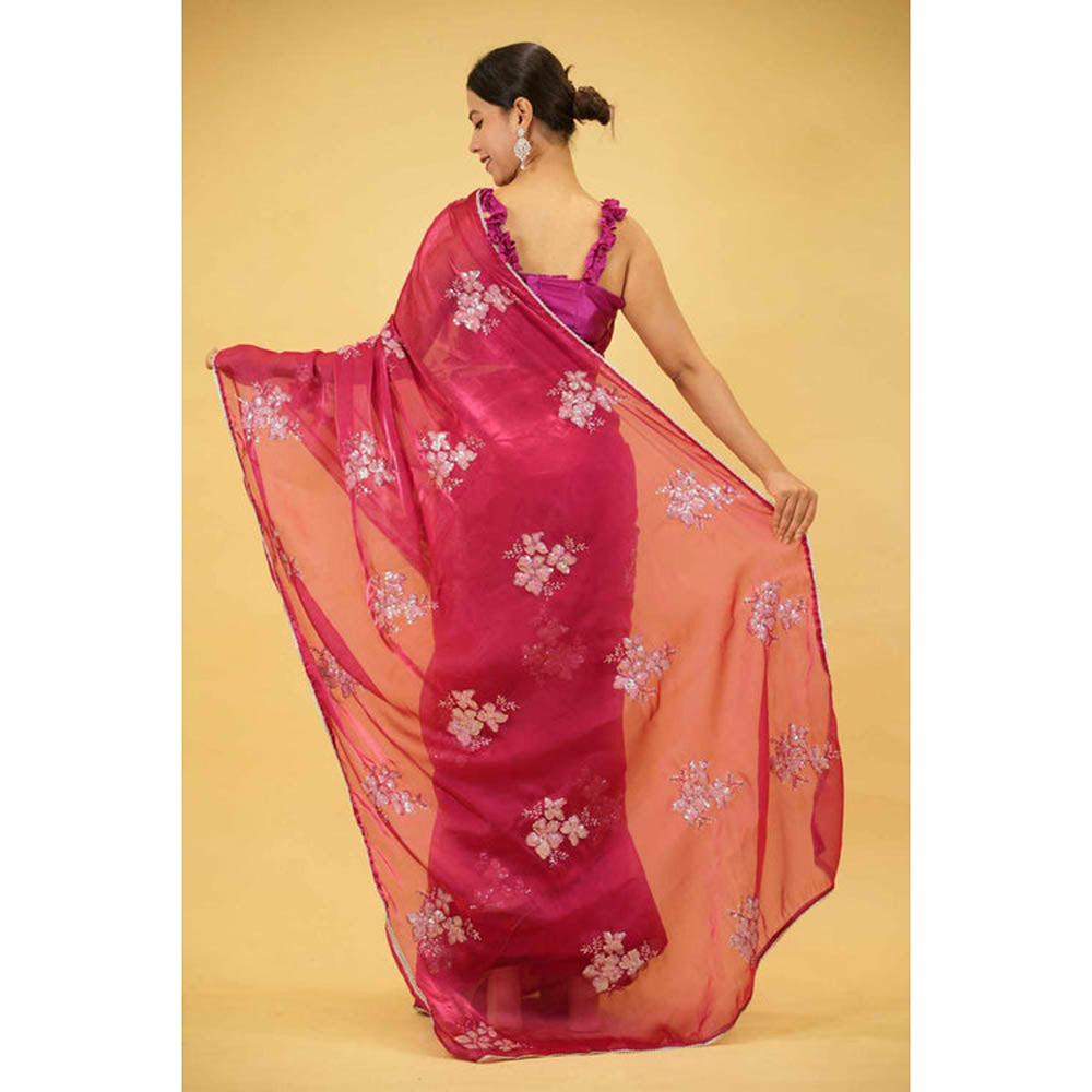 Isadora Life Womens Embroidered Sequined Pink Pre-Draped Saree With Unstitched Blouse