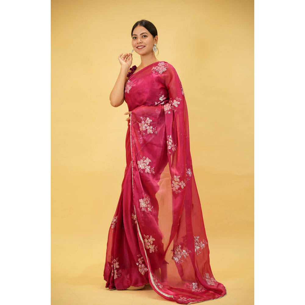 Isadora Life Womens Embroidered Sequined Pink Pre-Draped Saree With Unstitched Blouse