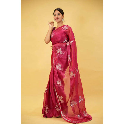 Isadora Life Womens Embroidered Sequined Pink Pre-Draped Saree With Unstitched Blouse