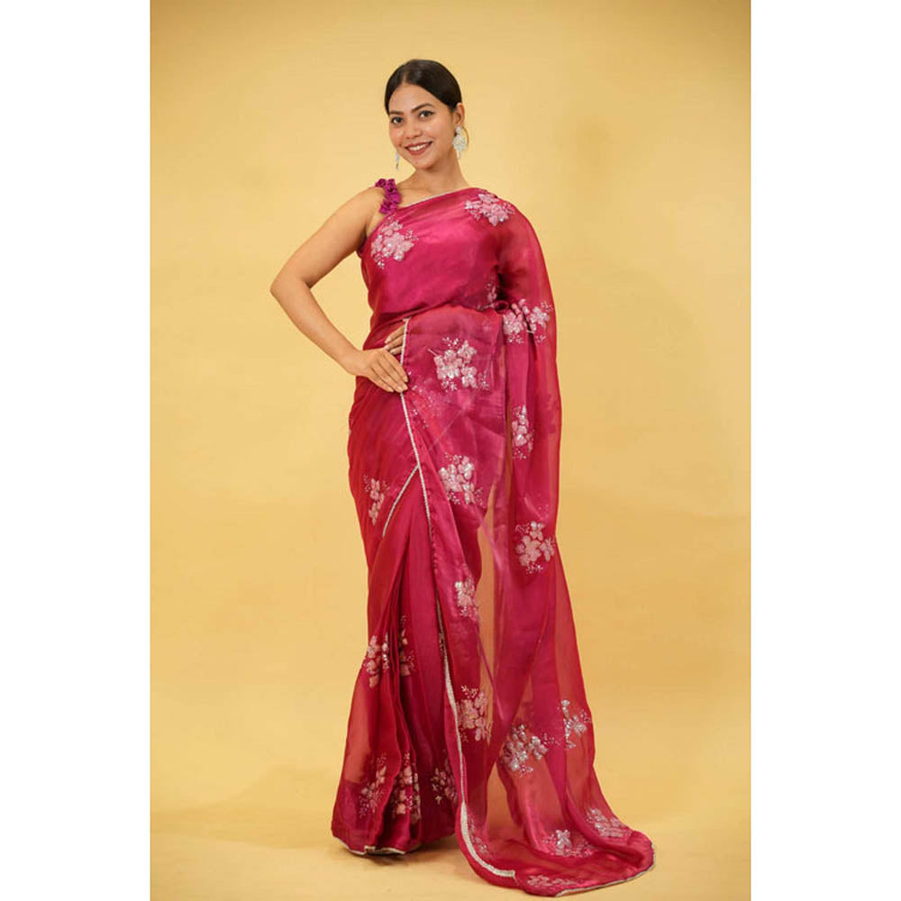 Isadora Life Womens Embroidered Sequined Pink Pre-Draped Saree With Unstitched Blouse