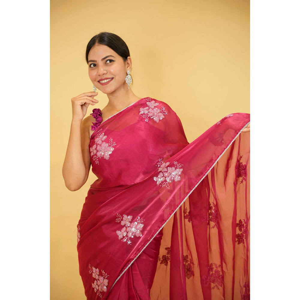 Isadora Life Womens Embroidered Sequined Pink Pre-Draped Saree With Unstitched Blouse