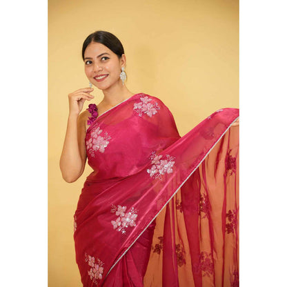 Isadora Life Womens Embroidered Sequined Pink Pre-Draped Saree With Unstitched Blouse