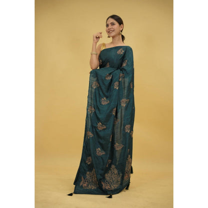 Isadora Life Womens Embroidered Tassels Teal Pre-Draped Saree With Unstitched Blouse