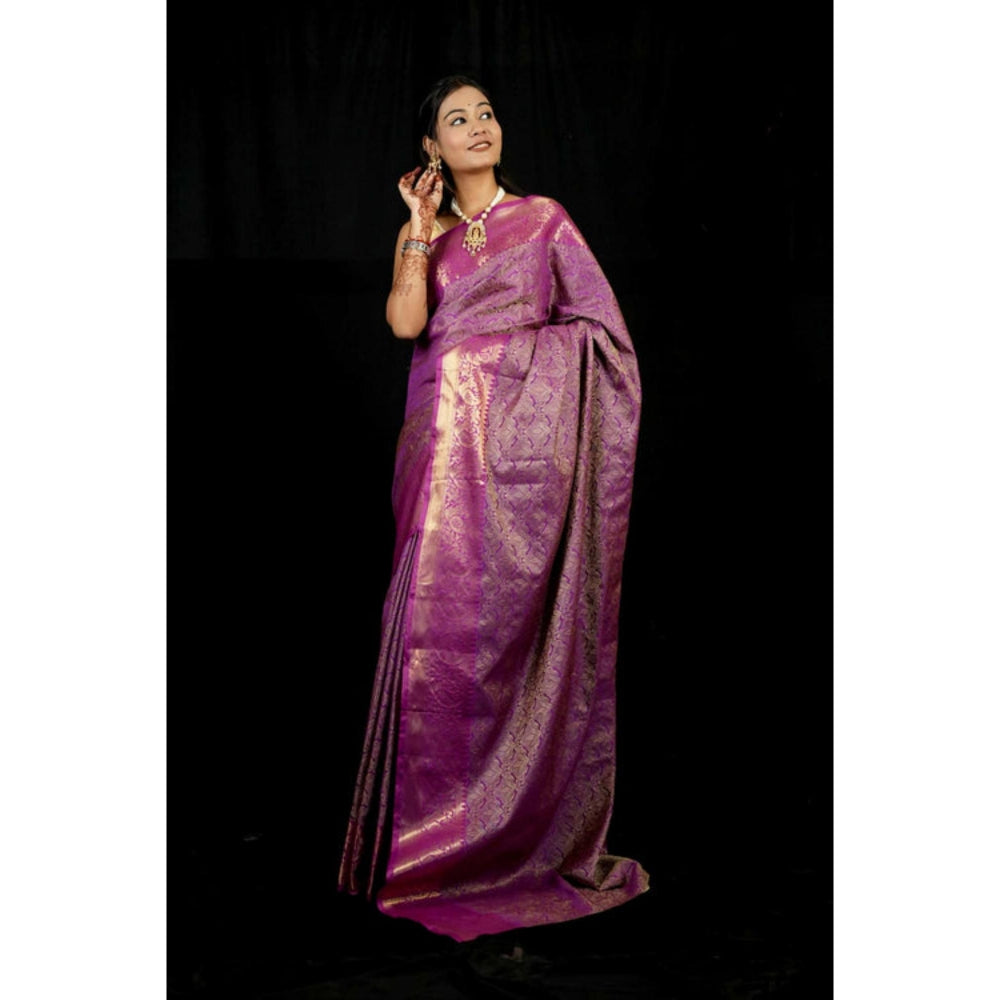 Isadora Life Womens Woven Zari Purple Pre-Draped Saree With Unstitched Blouse