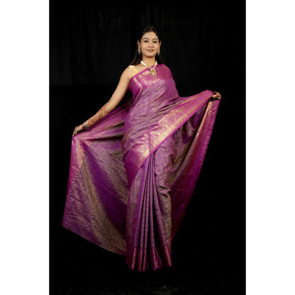 Isadora Life Womens Woven Zari Purple Pre-Draped Saree With Unstitched Blouse