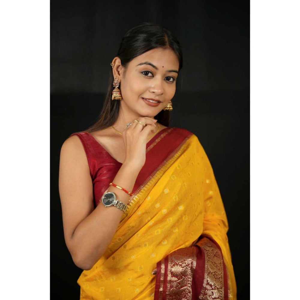 Isadora Life Womens Woven Zari Yellow Pre-Draped Saree With Unstitched Blouse