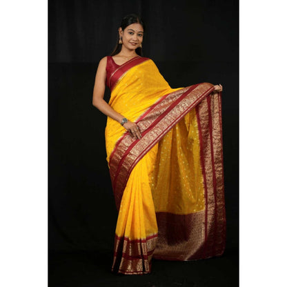 Isadora Life Womens Woven Zari Yellow Pre-Draped Saree With Unstitched Blouse