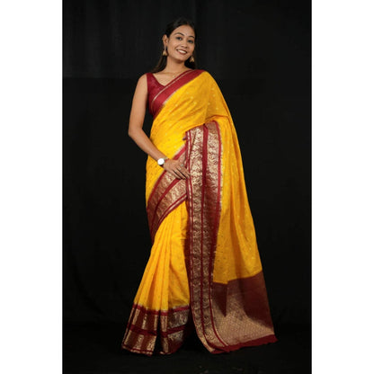 Isadora Life Womens Woven Zari Yellow Pre-Draped Saree With Unstitched Blouse