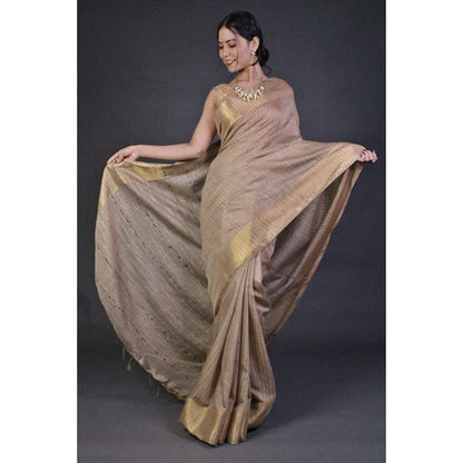 Isadora Life Womens Stripes Zari Beige Pre-Draped Saree With Unstitched Blouse