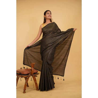 Isadora Life Womens Stripes Embroidered Black Pre-Draped Saree With Unstitched Blouse